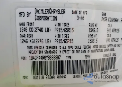 2000 Dodge Grand Caravan Se z USA, uszkodzony, nr VIN 1B4GP44R6YB688397
